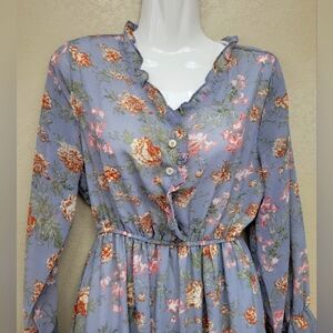 Floral Ruffle Long Sleeve Light Blue Dress